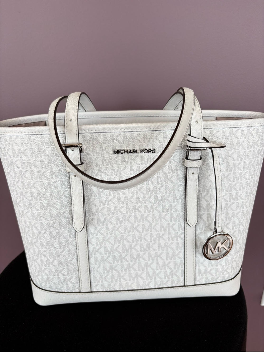 Michael Kors White MK Logo Tote with Silver Accent